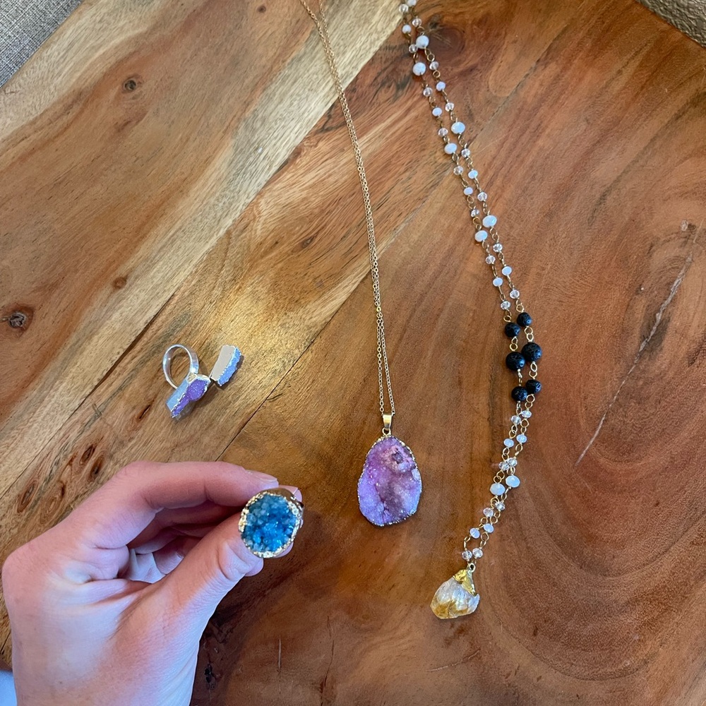 Geode Jewelry - Purple and Gold Necklace, Ring, and Bracelet